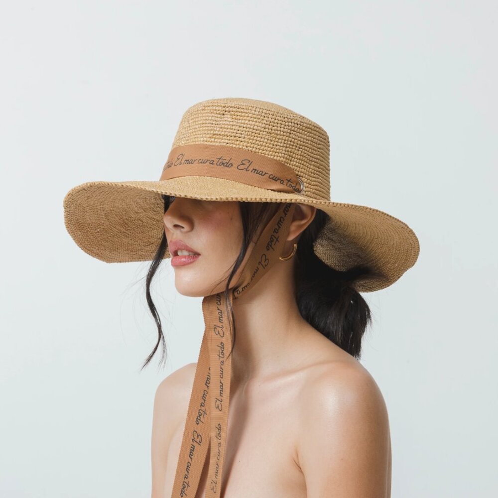 Wide Brim Straw Sun Hat with Branded Chin Tie - Tan